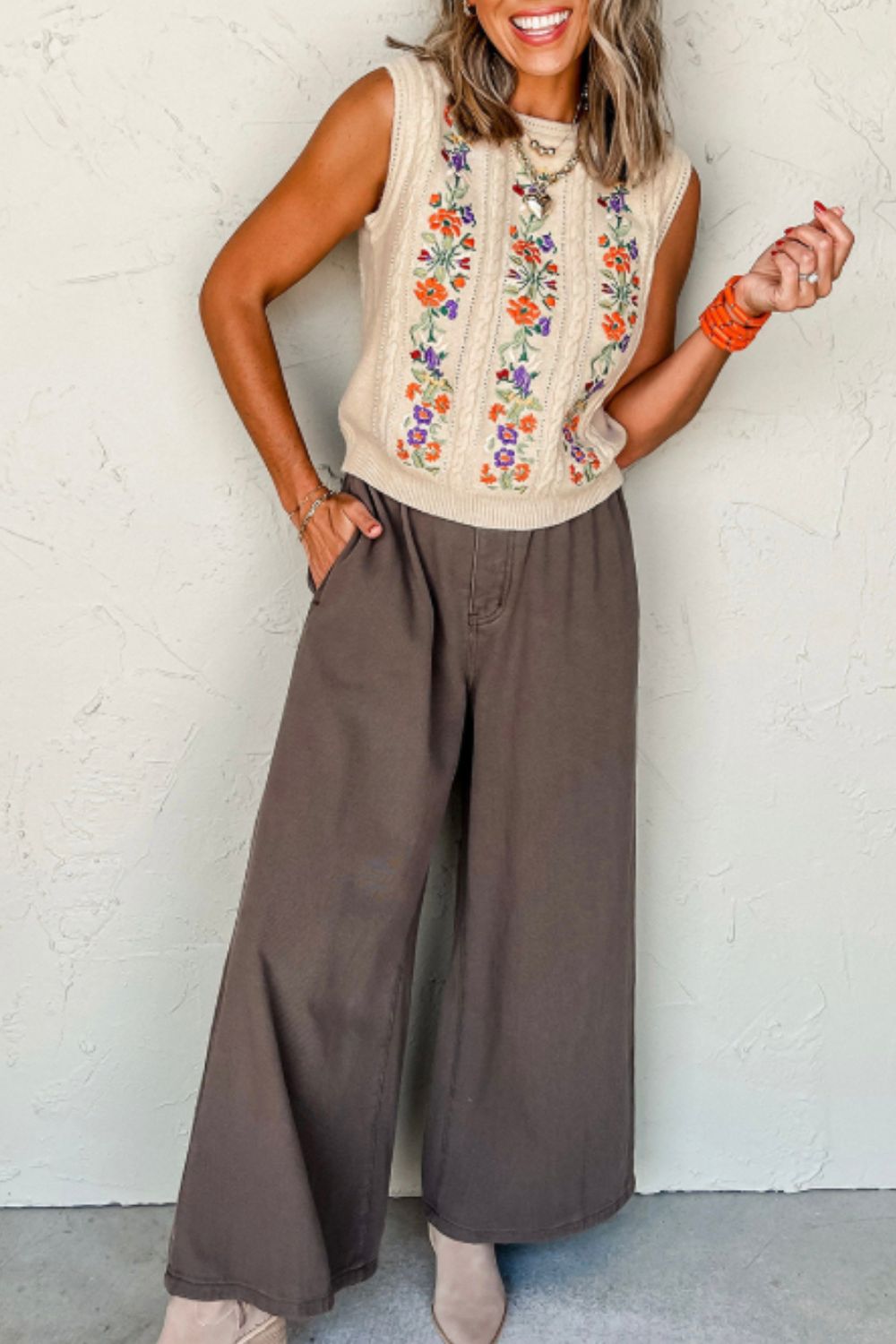 Embroidered Cable-Knit Round Neck Sweater Vest - Charming Charlie