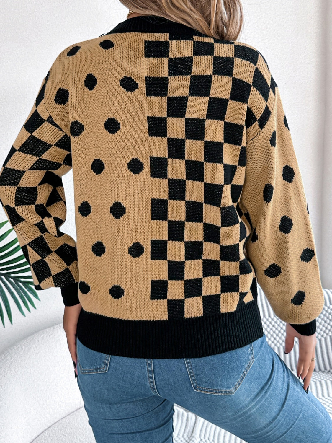 Plaid Round Neck Long Sleeve Sweater - Charming Charlie