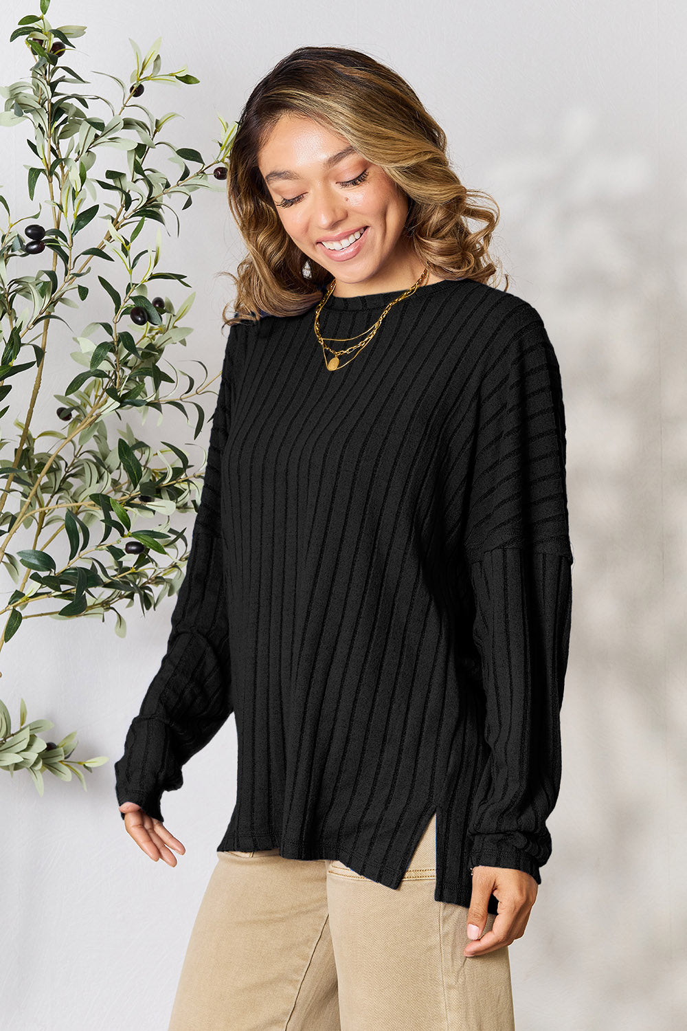 Basic Bae Full Size Ribbed Round Neck Slit Knit Top - Charming Charlie