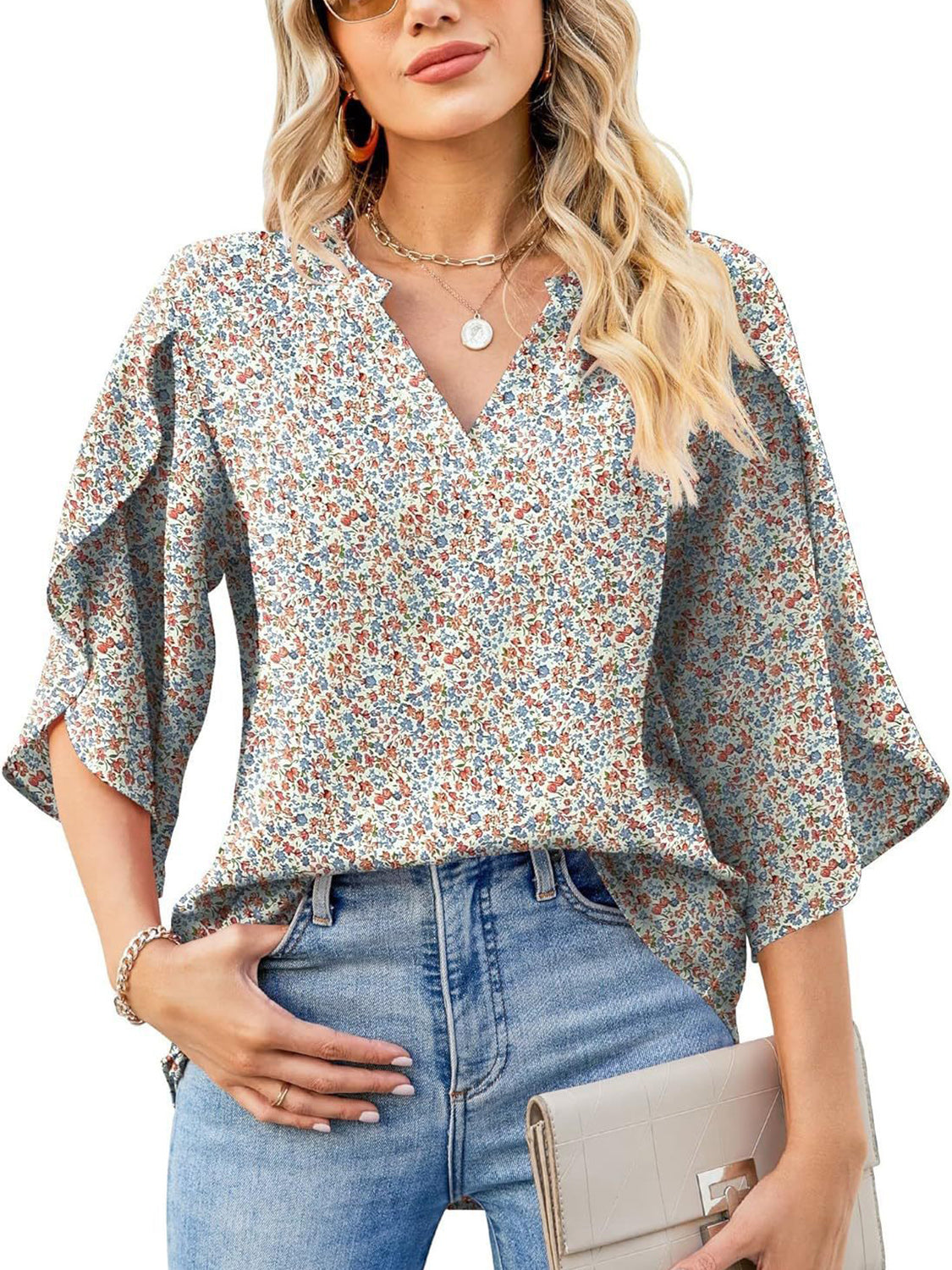 Printed Notched Half Sleeve Blouse - Charming Charlie