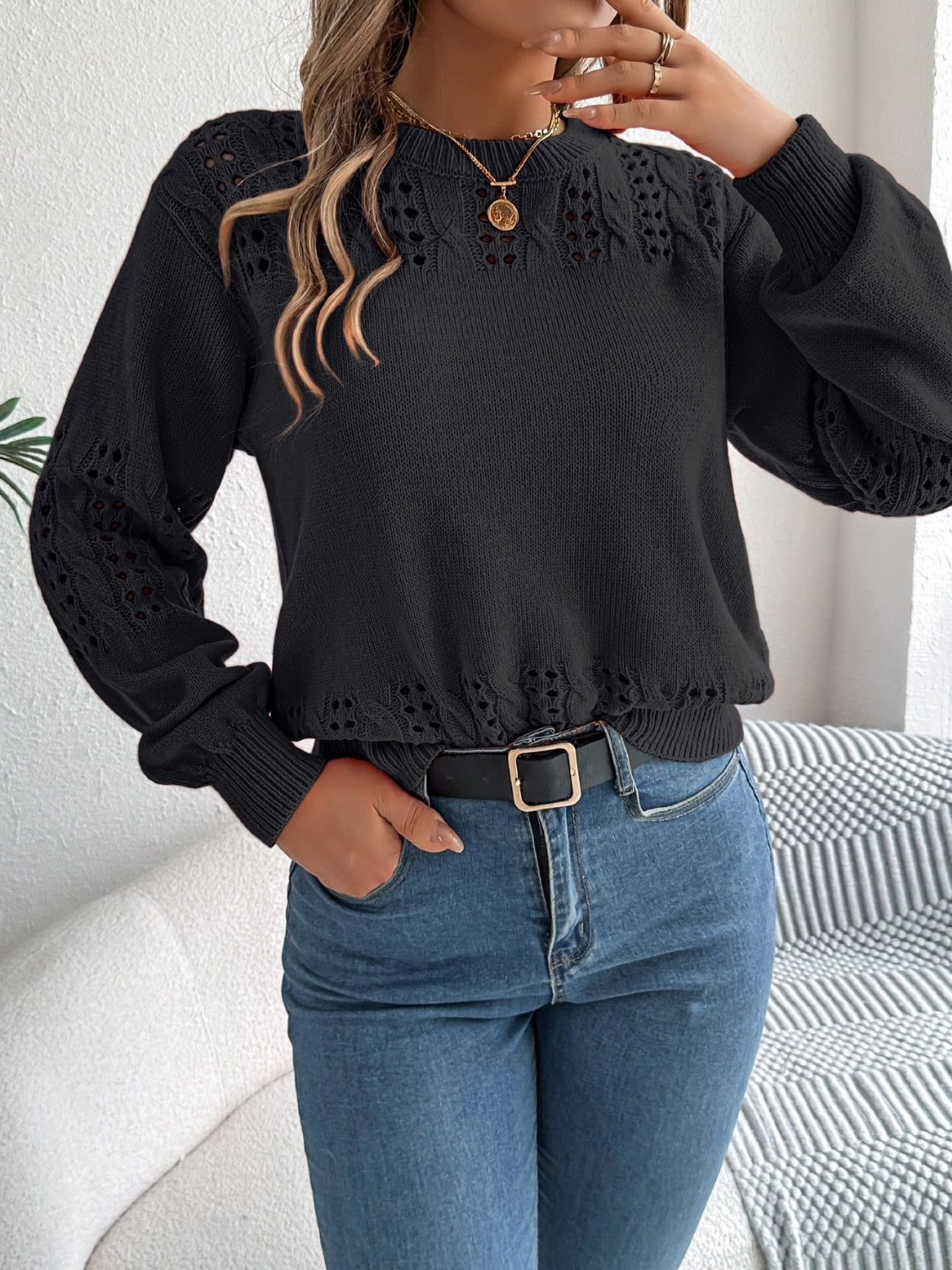 Openwork Round Neck Long Sleeve Sweater - Charming Charlie