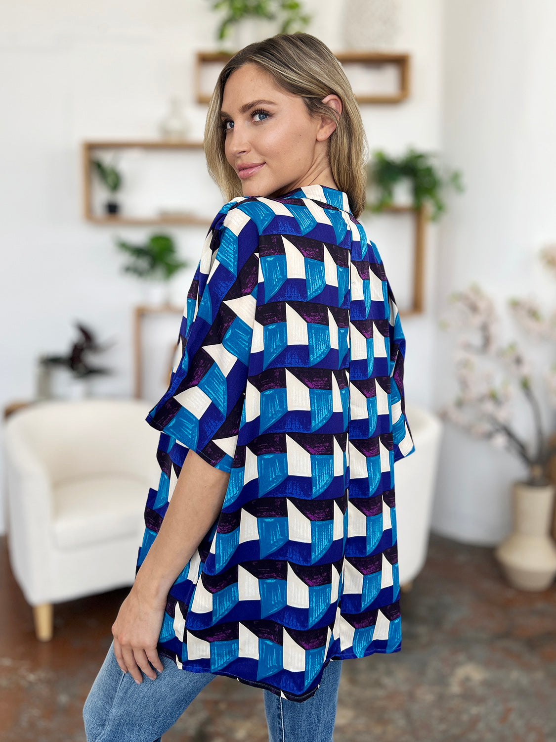 Double Take Full Size Geometric Notched Half Sleeve Blouse - Charming Charlie
