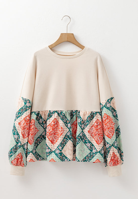 Printed Round Neck Long Sleeve Blouse - Charming Charlie