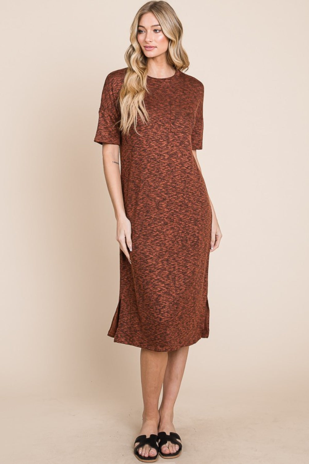 BOMBOM Round Neck Side Slit Midi Dress - Charming Charlie