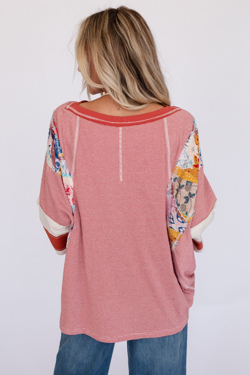 Striped Floral Patchwork Round Neck Top - Charming Charlie