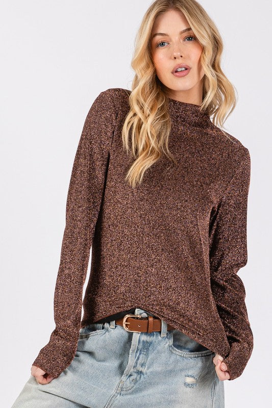 SAGE + FIG Glitter Mock Neck Lettuce Hem Long Sleeve Top - Charming Charlie