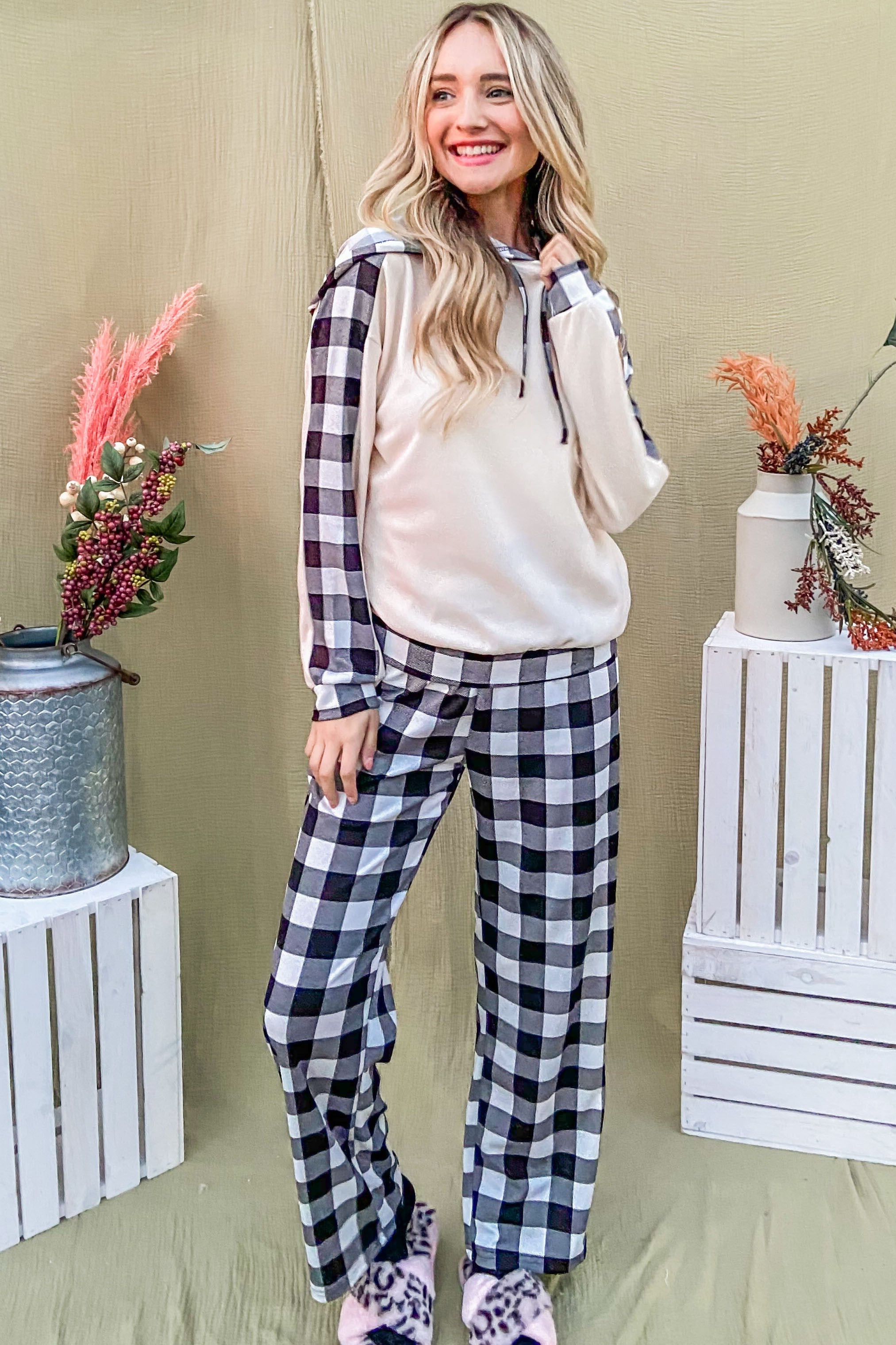 And The Why Drawstring Hooded Top and Plaid Pants Lounge Set - Charming Charlie