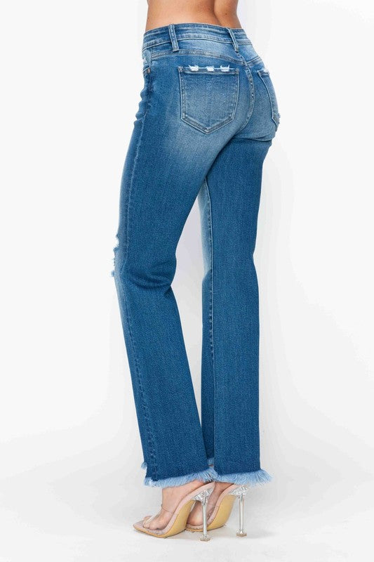 bytos Full Size Raw Hem Distressed Mid Rise Straight Jeans - Charming Charlie
