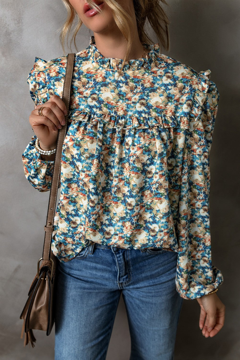 Frill Printed Mock Neck Long Sleeve Blouse - Charming Charlie