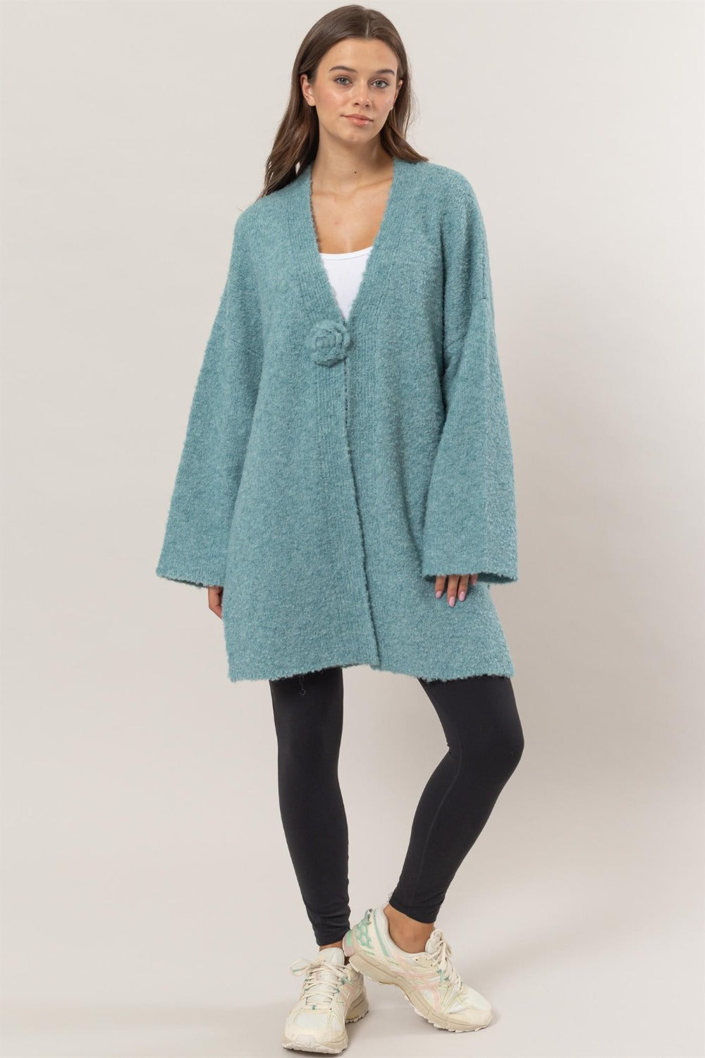 HYFVE Front Rosette Longline Slit Sweater Cardigan - Charming Charlie