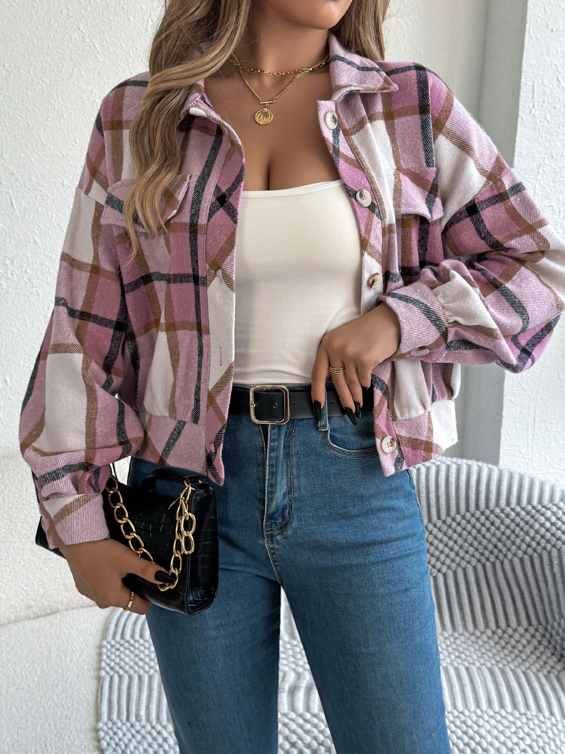 Plaid Button Up Long Sleeve Jacket - Charming Charlie