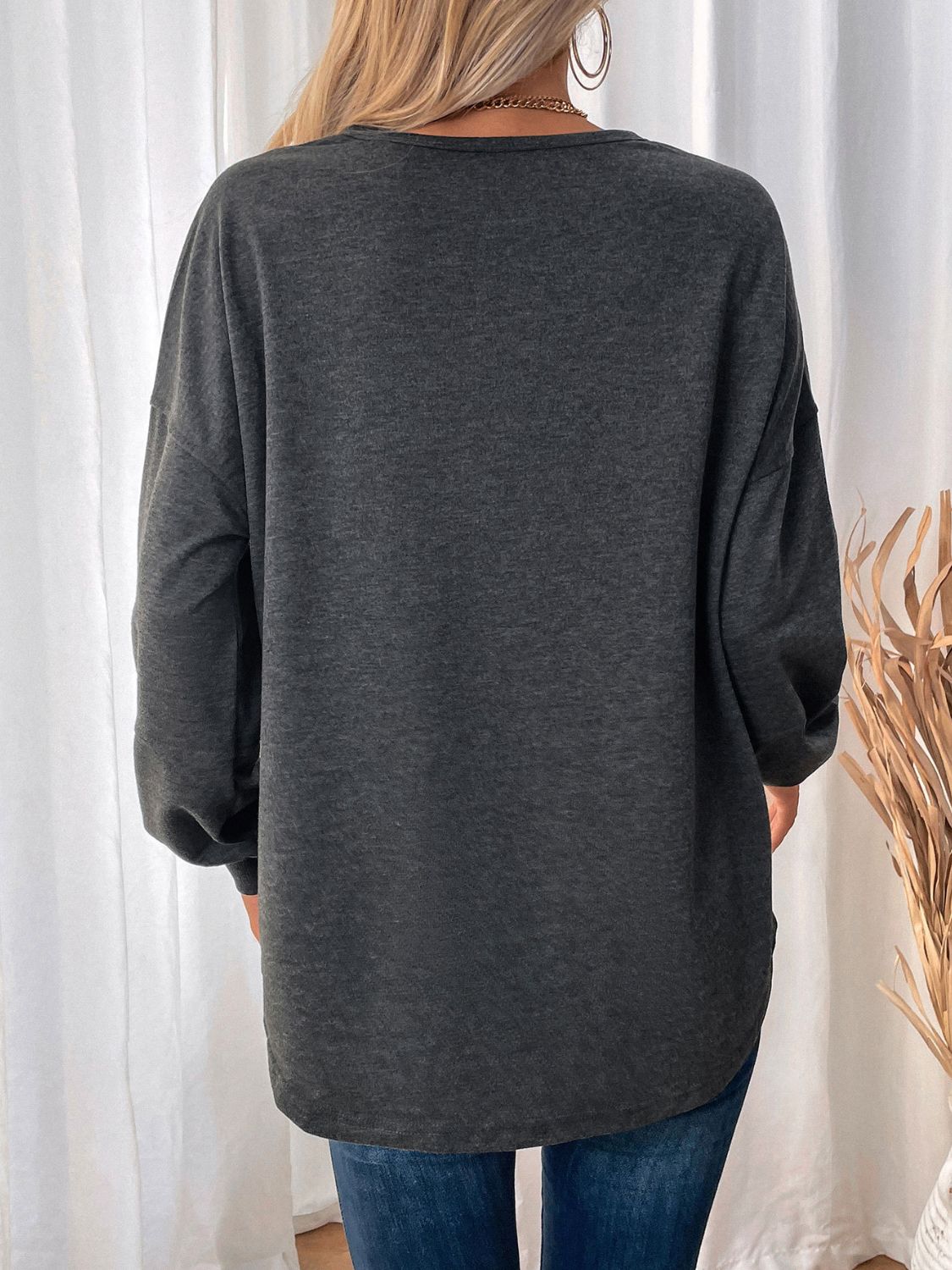 Perfee Pocketed Round Neck Long Sleeve Sweatshirt - Charming Charlie
