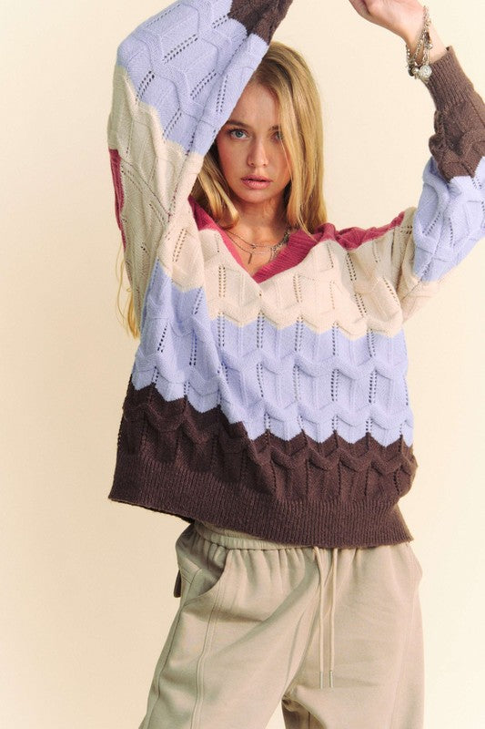 Davi & Dani Wavy Texture Color Block V-Neck Sweater - Charming Charlie