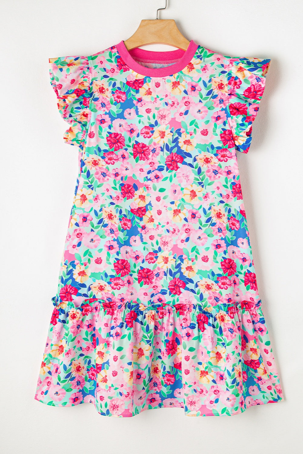 Ruffled Printed Round Neck Cap Sleeve Mini Dress - Charming Charlie