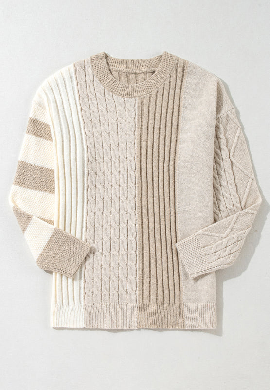 Cable-Knit Color Block Round Neck Sweater - Charming Charlie