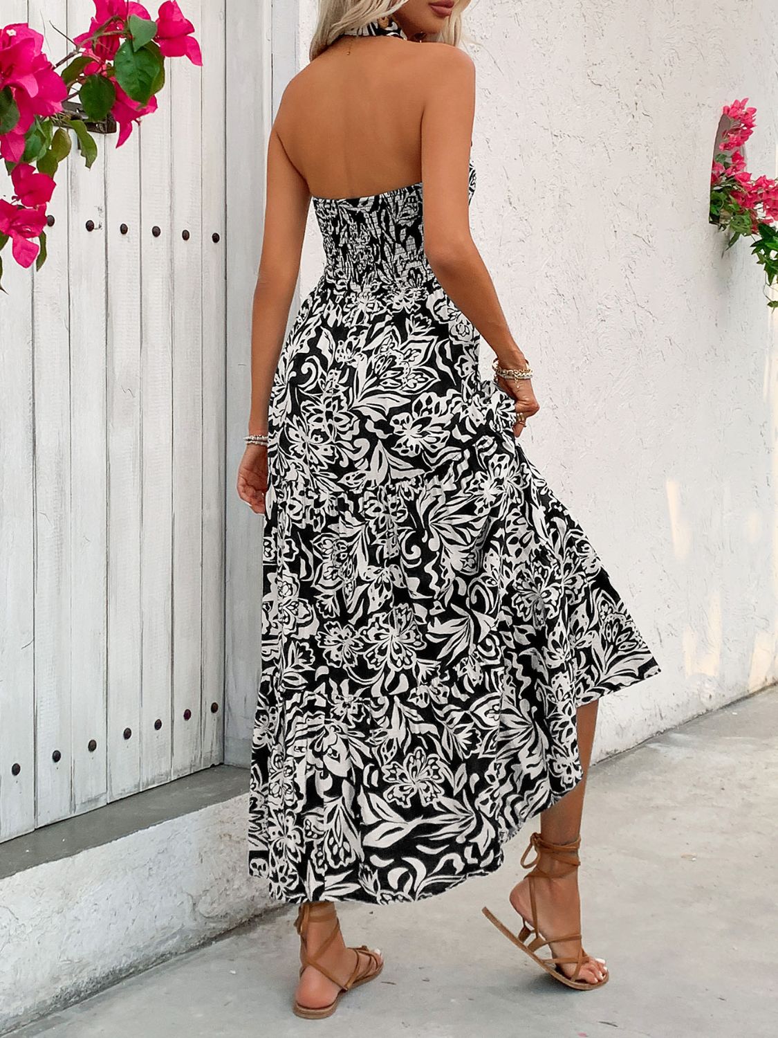 Backless Smocked Printed Sleeveless Midi Dress - Charming Charlie