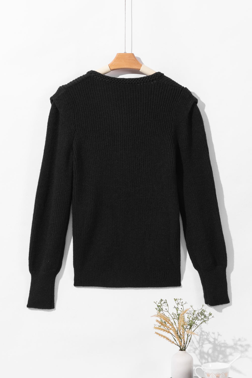 Solid Color Notched Long Sleeve Sweater - Charming Charlie