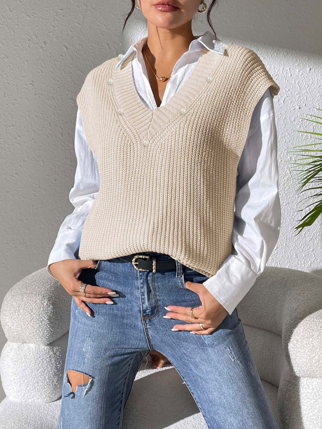 Pearl Trim V-Neck Sweater Vest - Charming Charlie