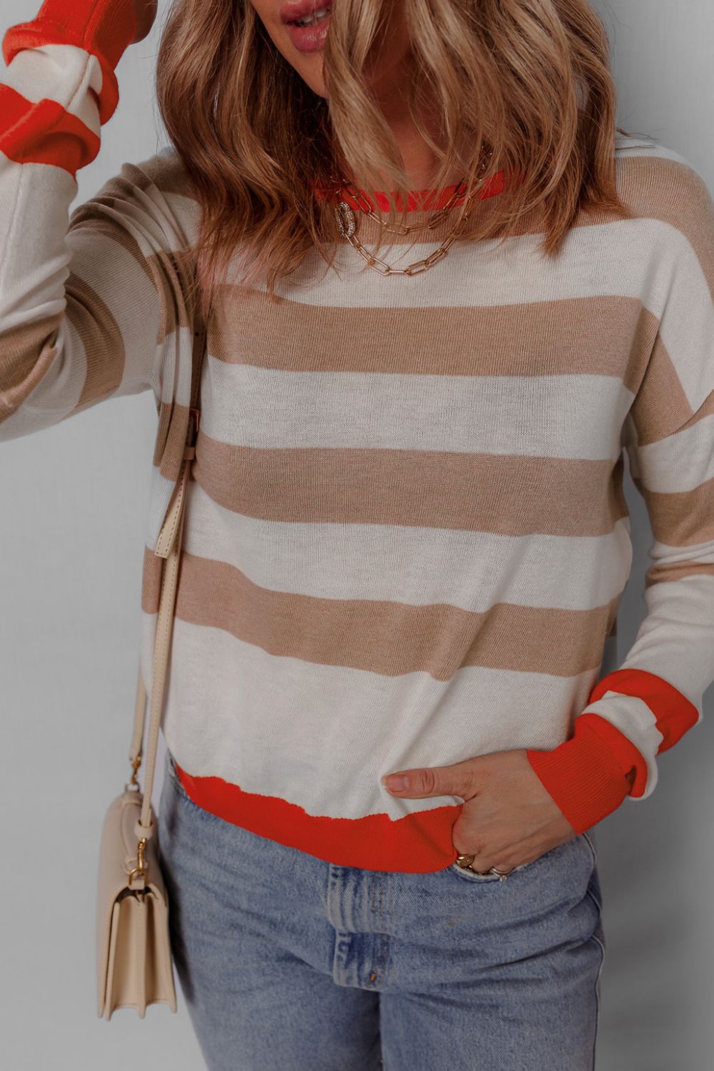 Contrast Striped Round Neck Drop Shoulder Knit Top - Charming Charlie