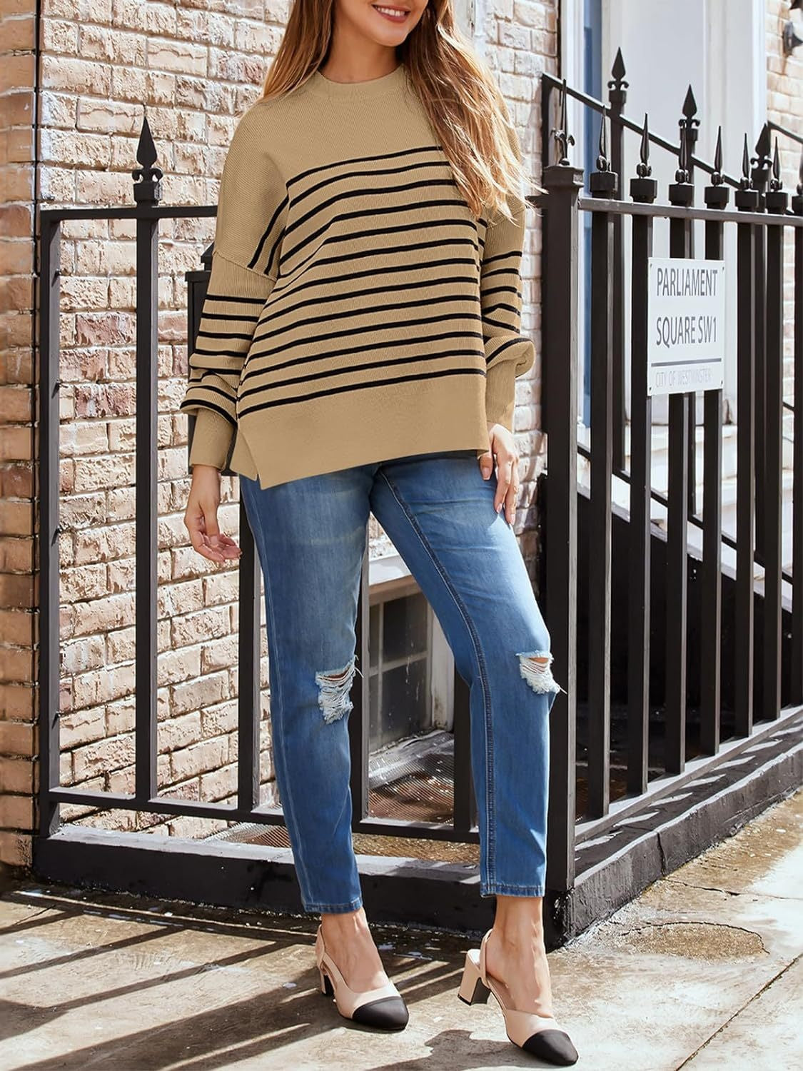 Striped Round Neck Long Sleeve Sweatshirt - Charming Charlie