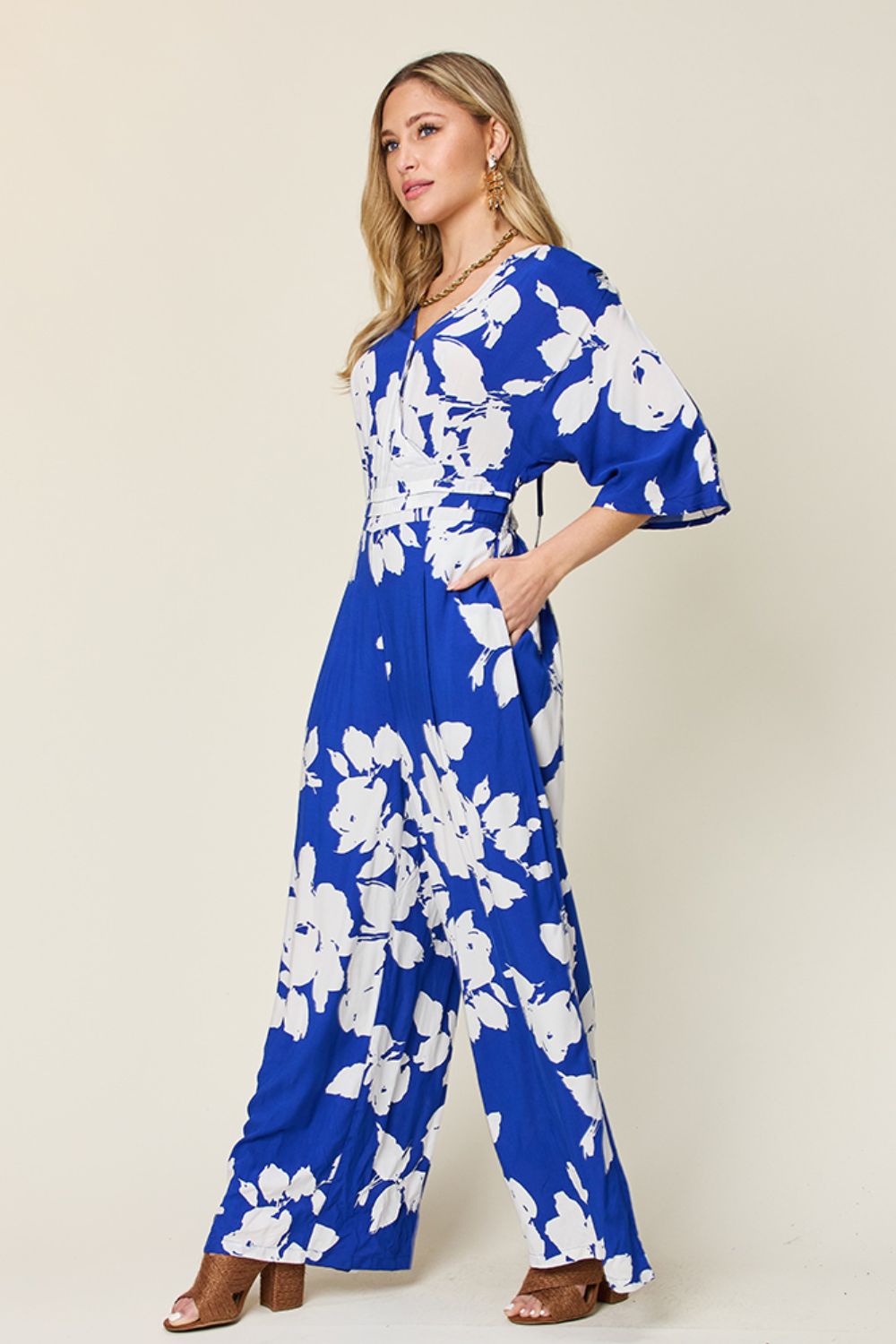 Double Take Full Size Printed Tie Back Wide Leg Jumpsuit - Charming Charlie