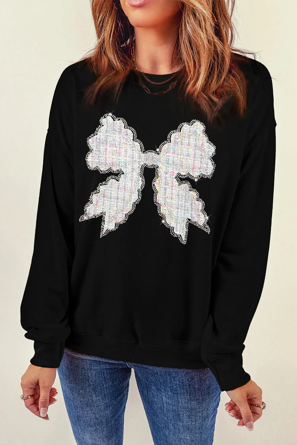 Contrast Bow Round Neck Long Sleeve Sweatshirt - Charming Charlie