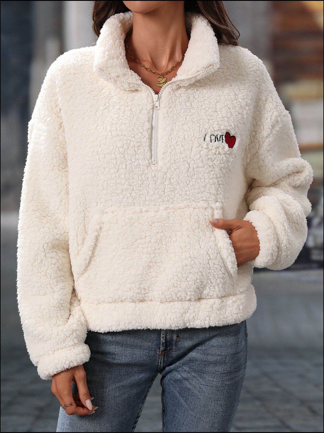 Heart Half Zip Long Sleeve Teddy Sweatshirt - Charming Charlie