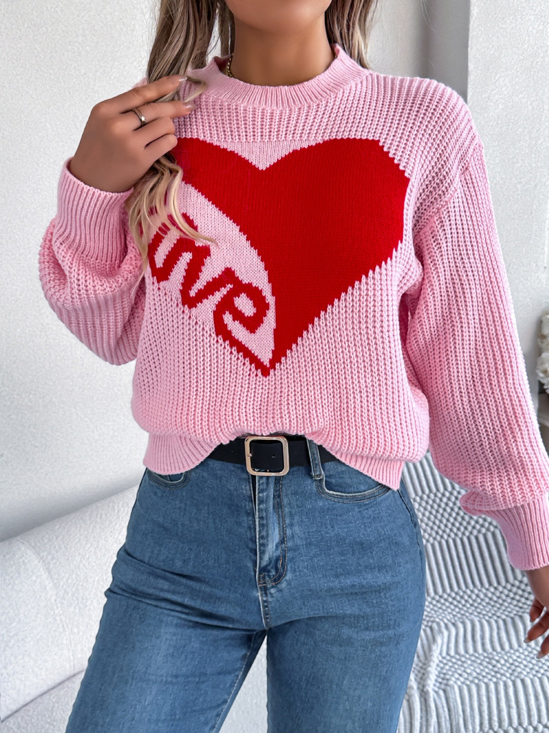 LOVE Heart Round Neck Dropped Shoulder Sweater - Charming Charlie