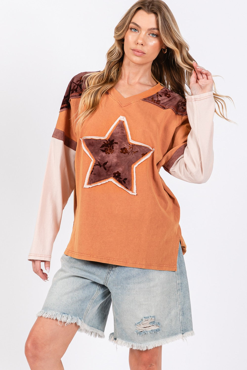 SAGE + FIG Star Patch Long Sleeve Color Block T-Shirt - Charming Charlie