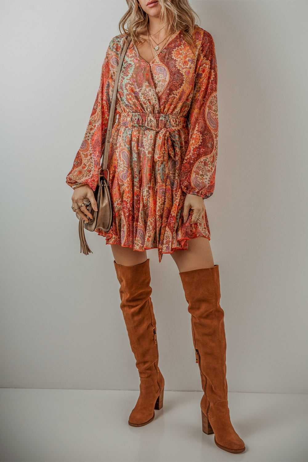Tied Printed Balloon Sleeve Mini Dress - Charming Charlie