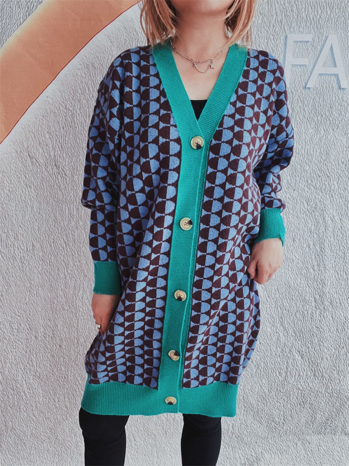 Contrast Trim Geometric Button Down Cardigan - Charming Charlie