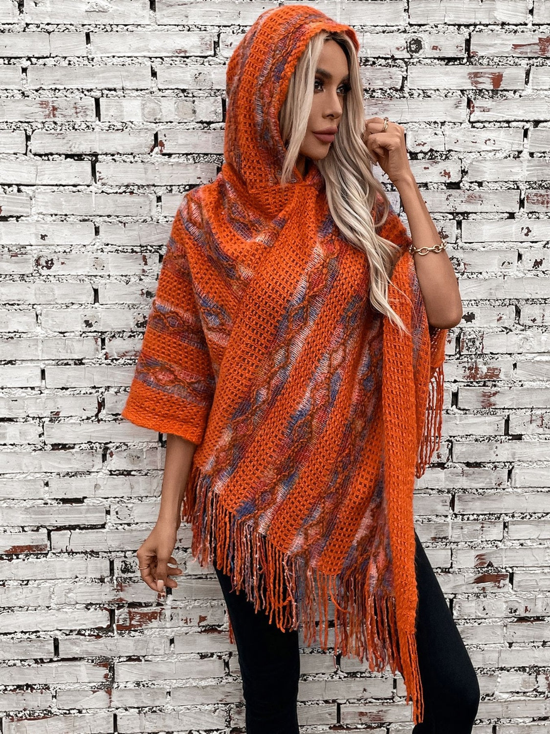 Fringe Contrast Hooded Poncho - Charming Charlie