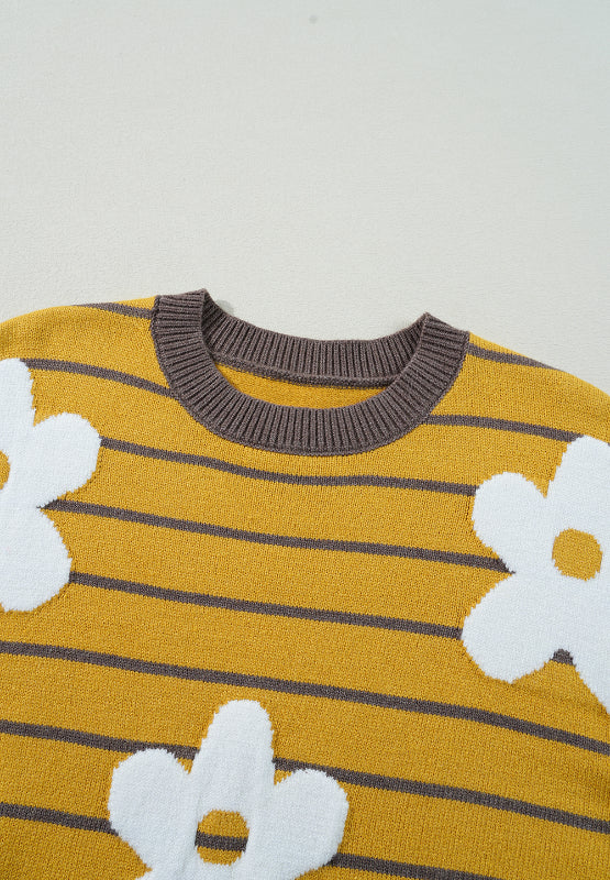 Flower Stripe Round Neck Long Sleeve Sweater - Charming Charlie