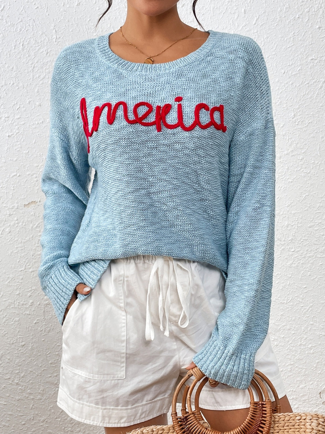 Letter Round Neck Long Sleeve Sweater - Charming Charlie
