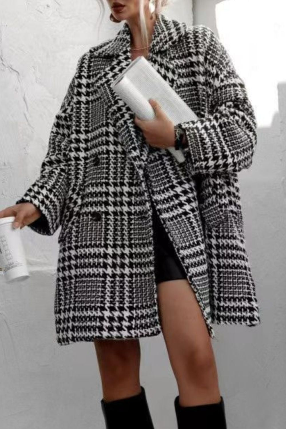 Houndstooth Collared Neck Long Sleeve Coat with Pockets - Charming Charlie