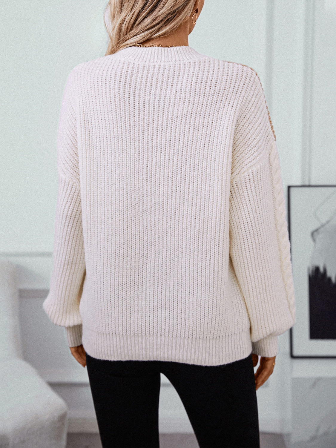 Contrast Round Neck Long Sleeve Sweater - Charming Charlie
