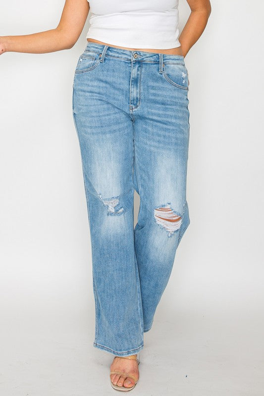 bytos Full Size Distressed High Rise Straight Jeans - Charming Charlie