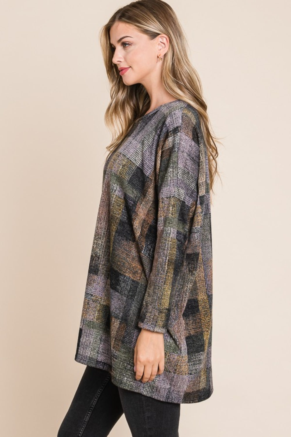 BOMBOM Plaid Round Neck Long Sleeve Top - Charming Charlie