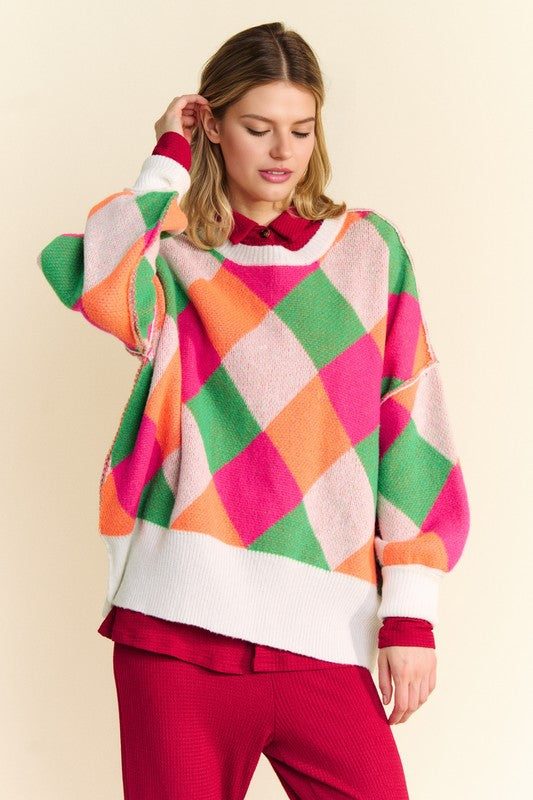 Davi & Dani Exposed Seam Color Block Dropped Shoulder Sweater - Charming Charlie