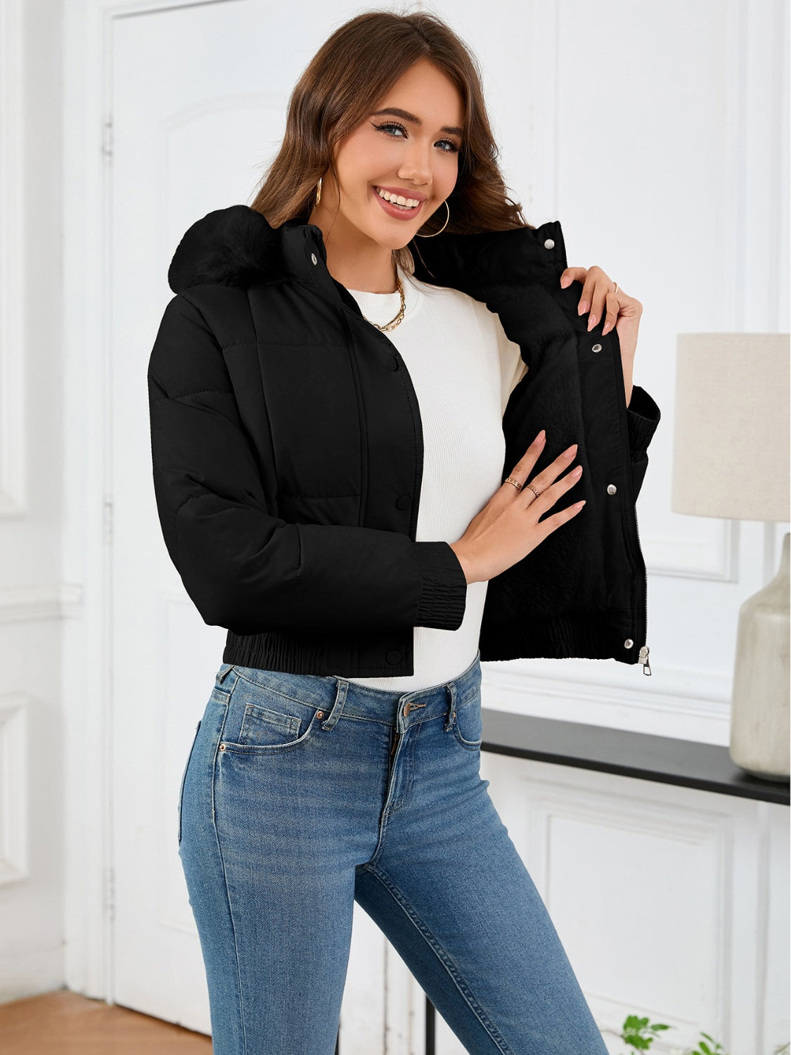 Pocketed Long Sleeve Cropped Hooded Winter Coat - Charming Charlie