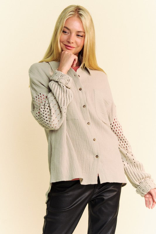 Davi & Dani Crochet Sleeve Crinkled Texture Shirt - Charming Charlie