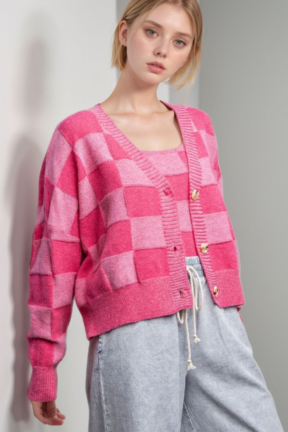 Checkered V-Neck Long Sleeve Cardigan - Charming Charlie