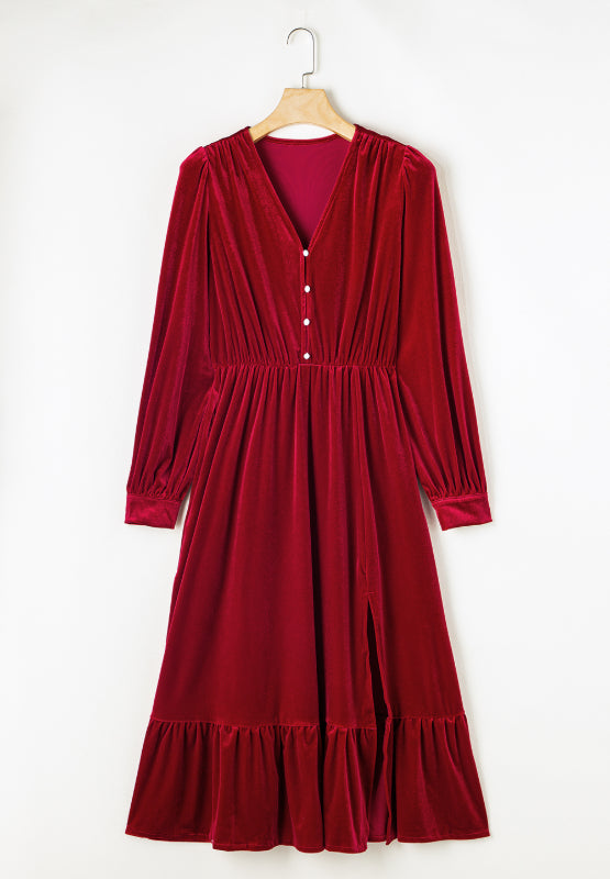 Ruffle Hem Slit V-Neck Long Sleeve Dress - Charming Charlie