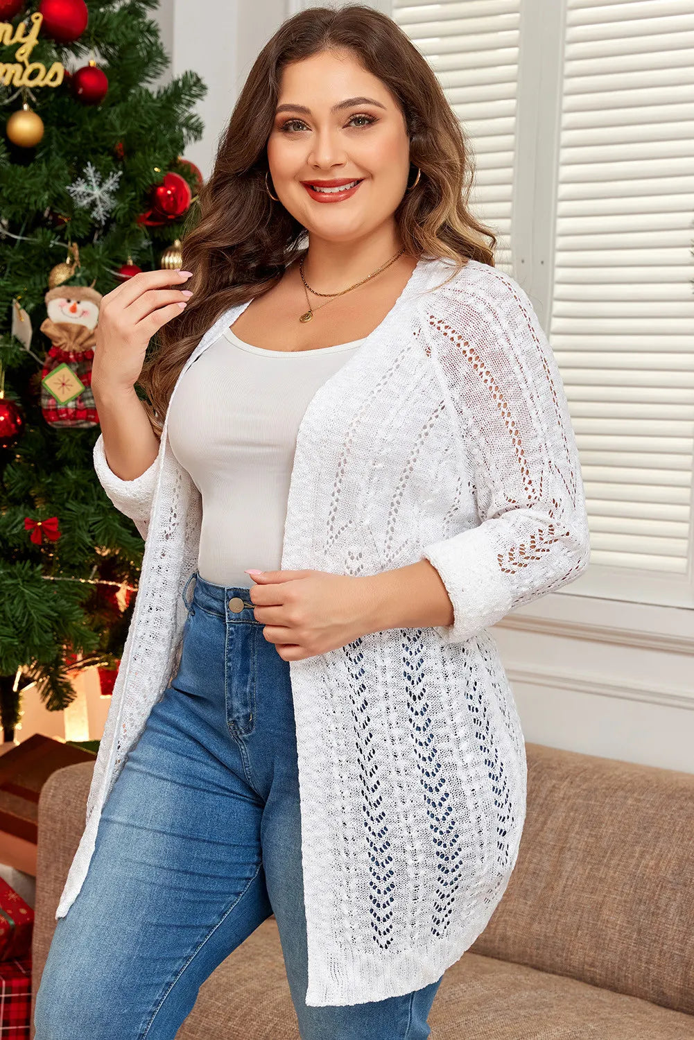 Plus Size Openwork Open Front Long Sleeve Cardigan - Charming Charlie