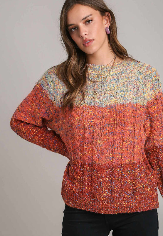 Cable-Knit Color Block Round Neck Long Sleeve Sweater - Charming Charlie
