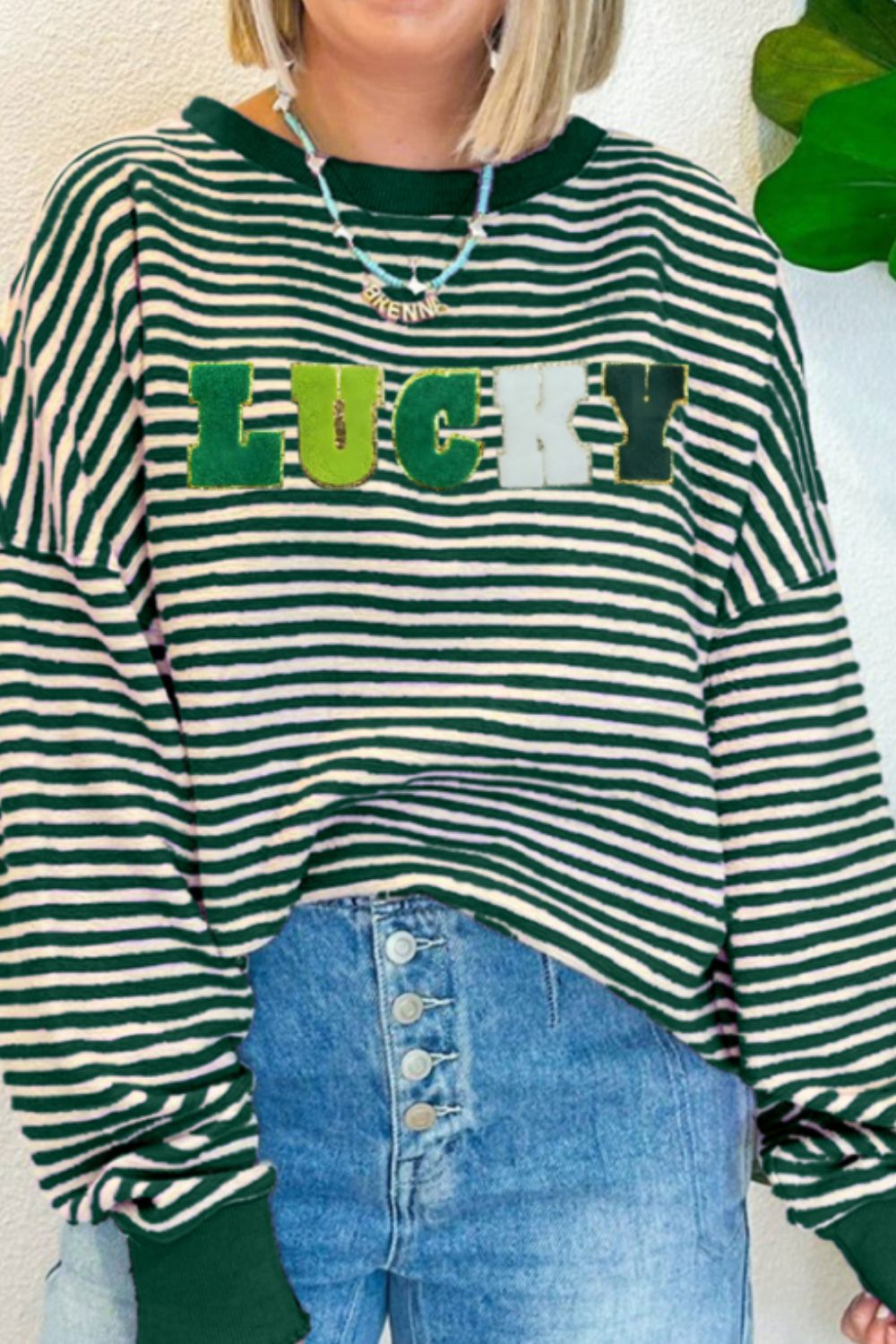 LUCKY Striped Round Neck Long Sleeve Sweatshirt - Charming Charlie