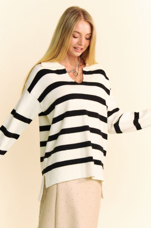 Davi & Dani High-Low Side Slit Striped Johnny Collar Sweater - Charming Charlie