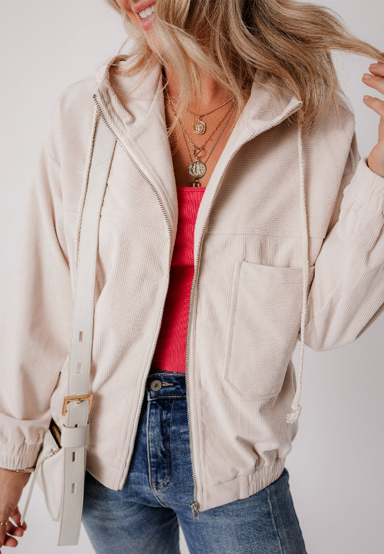 Pocketed Zip Up Long Sleeve Hooded Jacket - Charming Charlie
