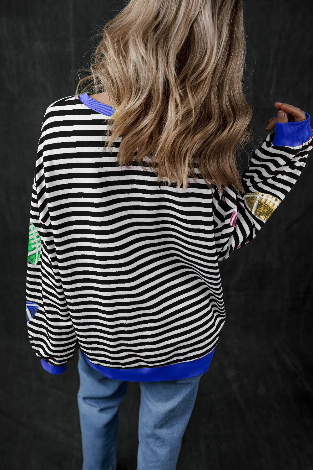 Sequin Football Striped Round Neck Long Sleeve Sweatshirt - Charming Charlie