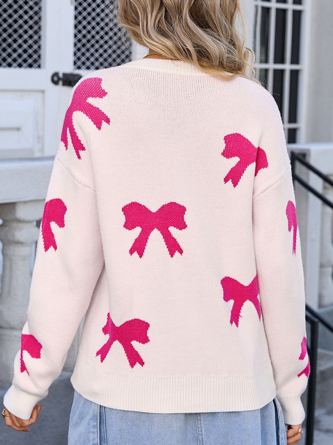 Bow Round Neck Dropped Shoulder Sweater - Charming Charlie